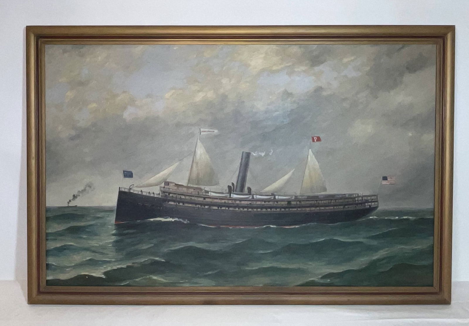 Painting of Steamship Vessel John Englis: East coast steamer John Englis, which traveled between New York, Cottage City (Martha's Vineyard), and Portland. This oil on canvas is signed S.W. Stanton (Samuel Ward Stanton) and carries a label on