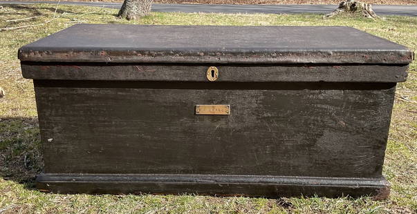19th Century Sea Chest with Hand Painting and Great Beckets: Canvas-covered sea chest with brass plate engraved "W.S. Smales." The wood chest has very nice bezkets, and a painting of a clipper ship under full sail. The ship is the Rothnia. A painted rope border