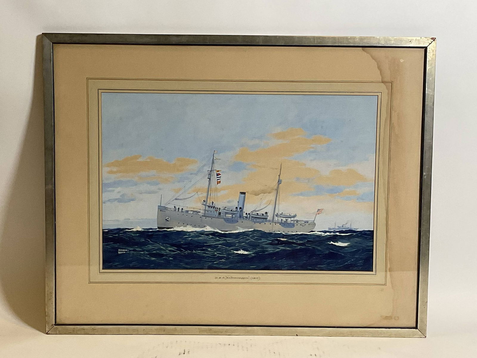 Worden Wood Gouache Of Coast Guard Ship: USS Androscoggin is shown steaming through moderate seas in this highly detailed gouache signed by Worden Wood. She served the U.S. Coast Guard and U.S. Navy. Launched in 1907 by Pusey and Jones. Comm