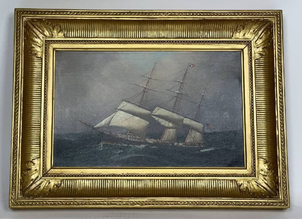 Antonio Jacobsen Painting of an American Clipper Ship: Fine work by Danish American marine artist Antonio Jacobsen of an American clipper ship sailing under shortened sail. Very detailed and vibrant. All rigging is present, deck cabins, hatches, etc. Flyi