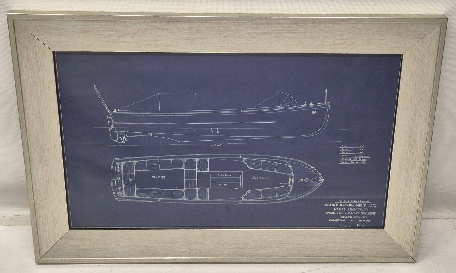 Blueprint for Launch for the Steam Yacht Hi-Esmaro: Steam yacht "Hi-Esmaro" blueprint for the crew's launch. The builder's model of Hi-Esmaro is at the Boston Museum of Science. This plan details the "Proposed Crew's Launch." LOA 27'0", Beam 6'9", Draf