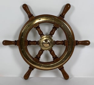 Six Spoke Mahogany and Brass Ships Wheel