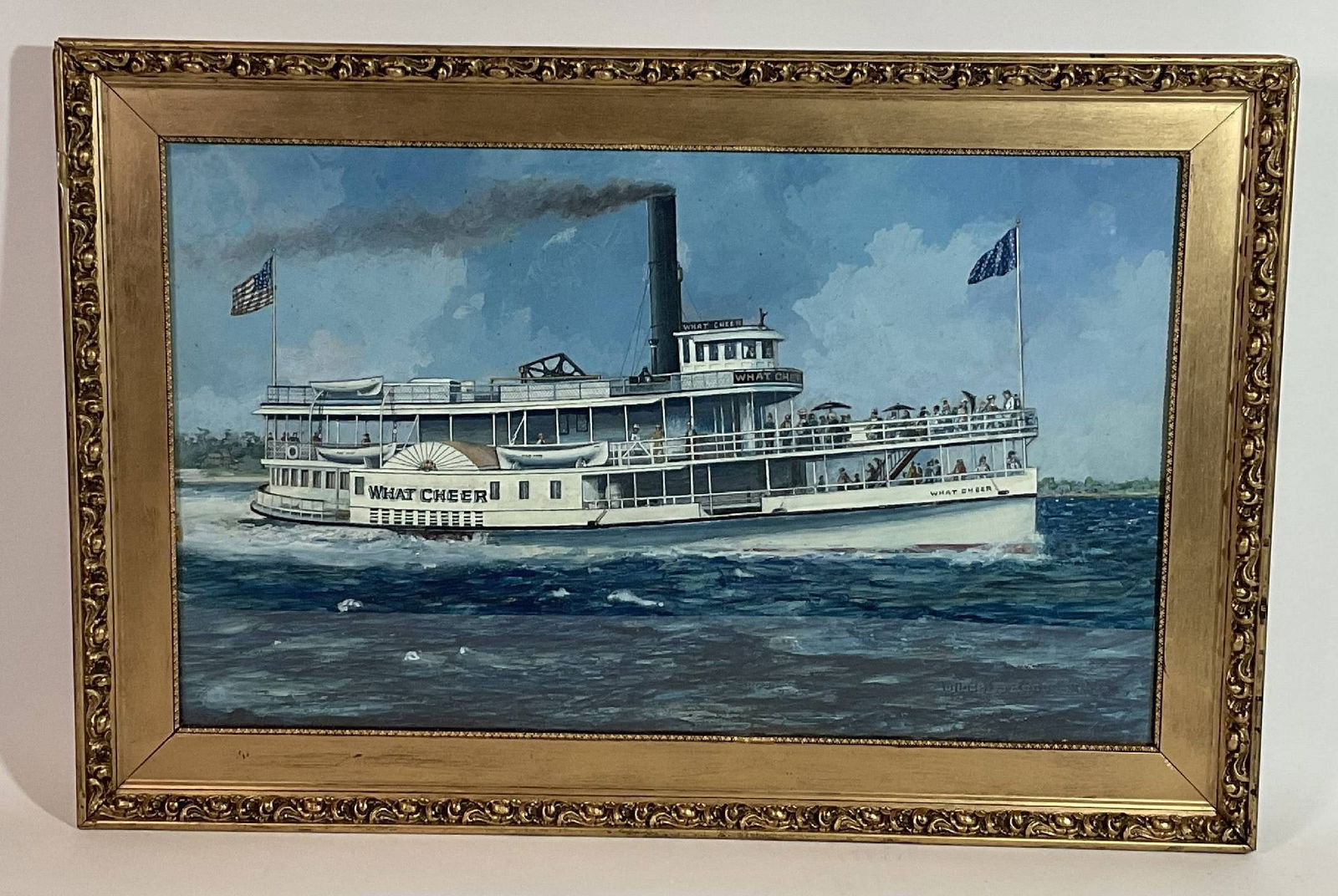 Painting of the Rhode Island Steamship What Cheer: William Randall Gouache painting of the paddle steamer "What Cheer". Vessel is underway with many onboard. "What Cheer" is a greeting shared between Roger Williams and the Narragansett, meaning "What