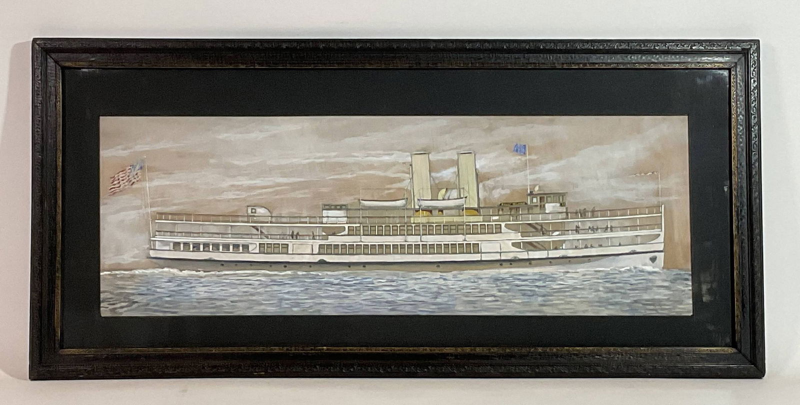 Watercolor Gouache of the Long Island Steamship S.S. Belle Island: Original watercolor showing the Long Island to Maine steamship Belle Island. Launched in 1936, the palatial steamer had a homeport of Roton Point in South Norwalk, CT, and traveled the New England coa