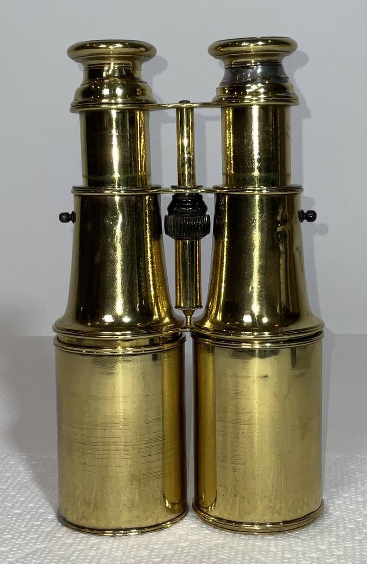 Marine Binoculars Presented to Captain William in 1864: Brass maritime binoculars engraved "Presented to Captain Williams of the cutter Katie of Falmouth by R.B. Adamson for saving the crew of the 'Barque Agricola' of London on 24th February 1864." The eng
