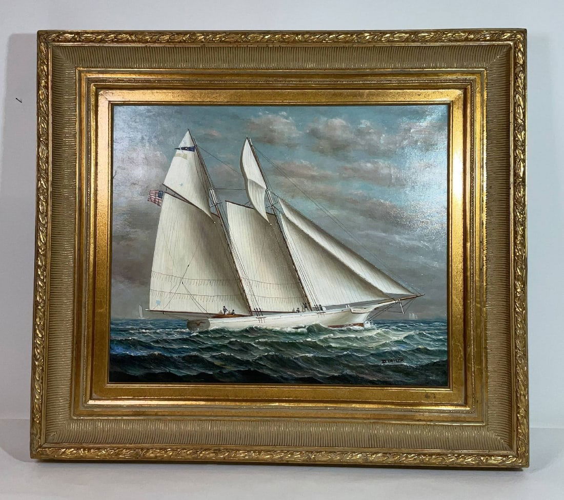 Marine Painting of a Schooner Yacht Under Sail: Schooner yacht painting showing a sleek white vessel under full sail with people on board, sailing through choppy seas. Signed lower right "D. Tayler." 11 lbs. 30"H x 34"W.