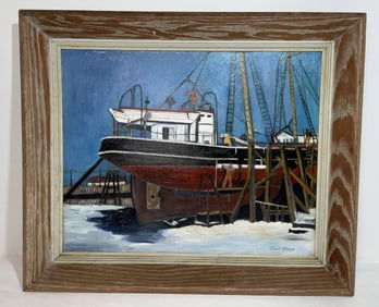 Grant Tigner Oil Painting of a Boatyard Scene