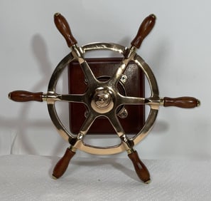 Brass Ship's Wheel with Wood Handles and Mounting Block