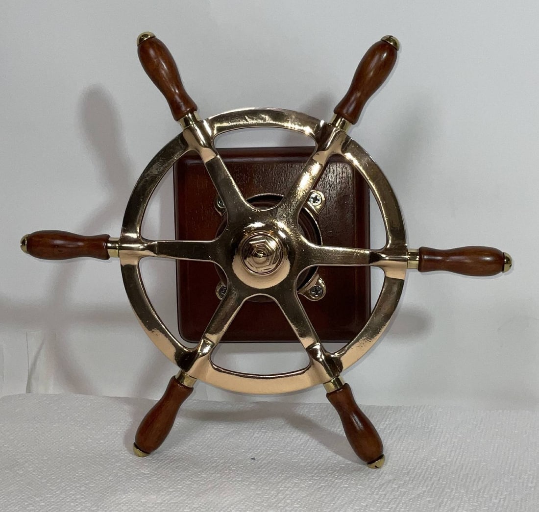 Brass Ship's Wheel with Wood Handles and Mounting Block (1 of 7)