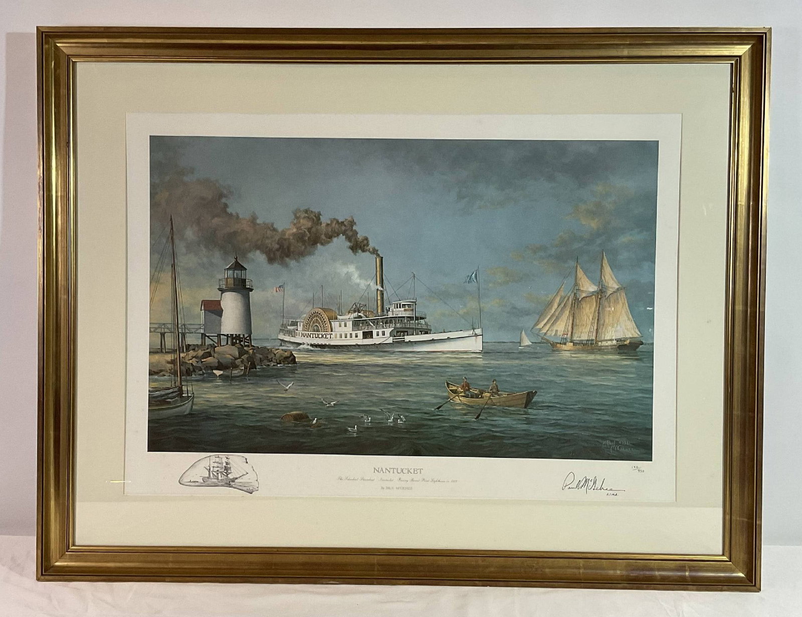 Paddle Steamer Nantucket Passing Brant Point Lighthouse: Nantucket lithograph that is signed and remarqued by artist Paul McGehee. This work shows the paddle steamer Nantucket passing Brant Point Lighthouse. Fishermen are seen in a dory, as well as a schoon