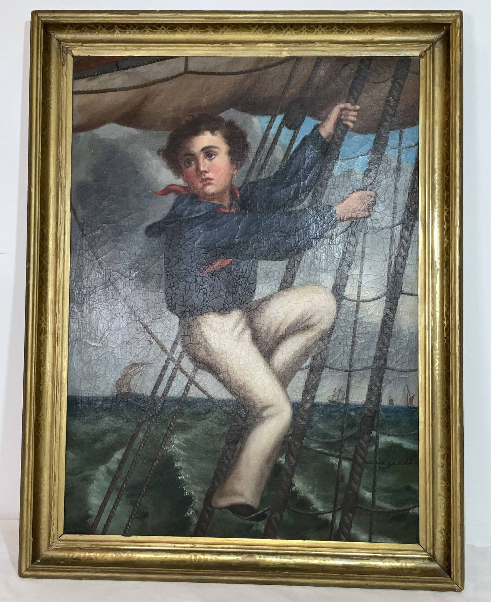 Portrait of a Young Sailor Attributed to Thomas Nast: Painting of a young sailor climbing the shrouds on a sailing ship. A furled sail above. Dressed in blue coat and red scarf. Other ships and the ocean are in the background. Canvas is relined. 9 lbs. 3
