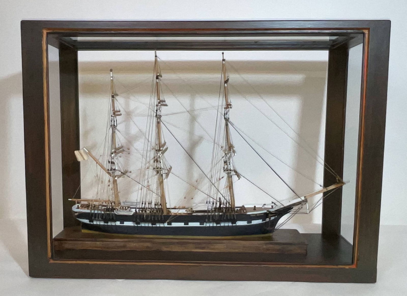 Cased Model of the American Packet Ship Paul Revere: Cased ship model of the packet ship Paul Revere of Salem, Mass. Attractive model with simulated gunports, three well-rigged masts, detailed deck with cabins, hatches, lifeboats, etc. Very nicely scale