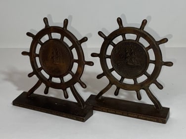 Ship's Wheel Bookends Made with Bronze from the U.S.S. Constitution