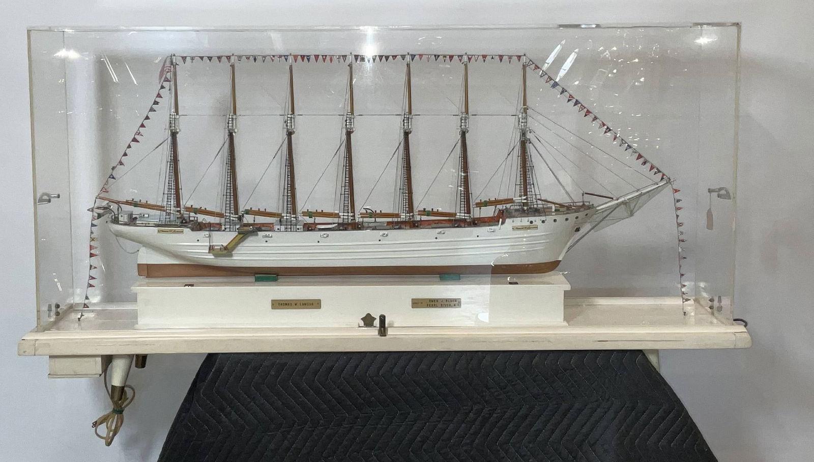 Thomas W. Lawson Seven-Masted Ship Model: Fine model of the seven-masted schooner Thomas W. Lawson. Detailed model with standing and running cords. Nicely painted. Built by Owen J. Black of Pearl River, New York. Quality scale model with exce