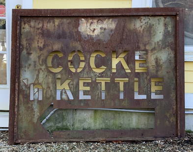 Cocke'n Kettle Iron Restaurant Sign from Scituate, Mass: Large iron restaurant sign from the South Shore of Boston. The Cocke'n Kettle was operated by Nick Sampson and later by Lovis Zervais. The Cocke'n Kettle later became The Golden Rooster and is now kno