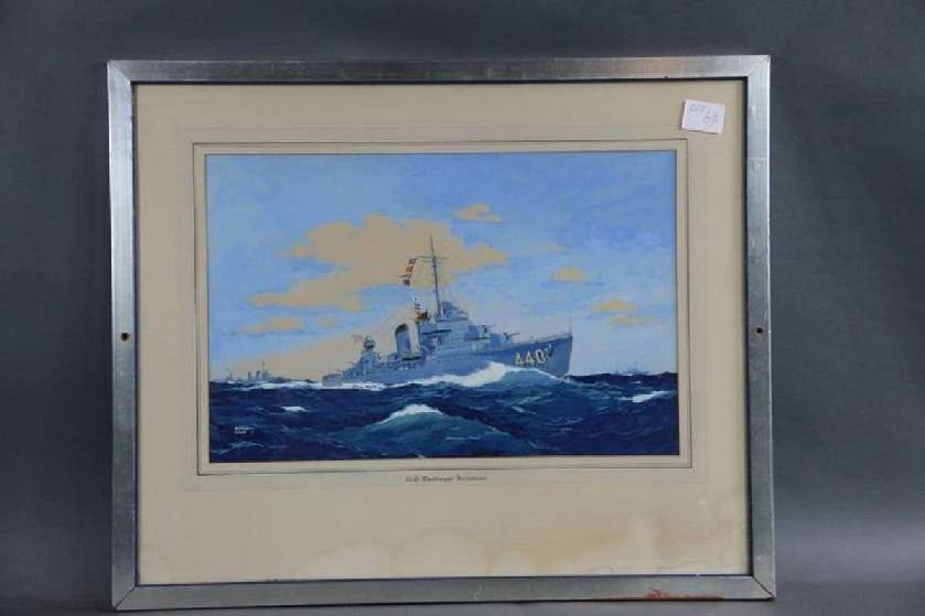 Destroyer Ericsson By Worden Wood: Gouache of the United States Naval destroyer ERICSSON. Vessel is seen cutting through waves at speed with pennants flying. Bright and colorful. Stained matted.