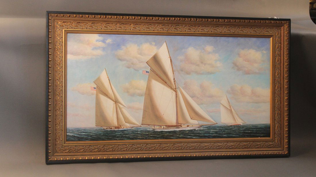“Regatta” by D. Tayler: Large size oil on canvas of a sailing regatta featuring America’s Cup yacht “Defender” leading cup yacht “Columbia”. All vessels are under full sail including flying clubs. Crew men are busy