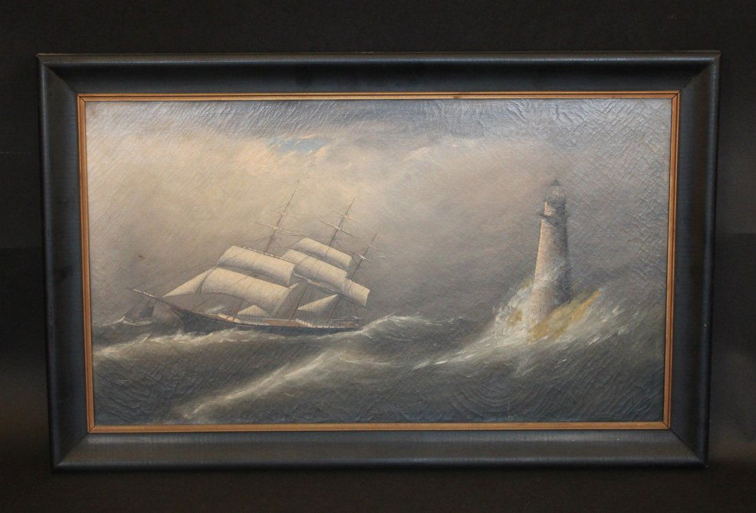 Clement Drew oil of "Minot's Ledge Light": Detailed oil on canvas painting of a ship passing Minot's Ledge Light by Clement Drew (1806-1889). A full rigged ship under shortened sail is seen passing Minot's Ledge Light in heavy seas and high wi