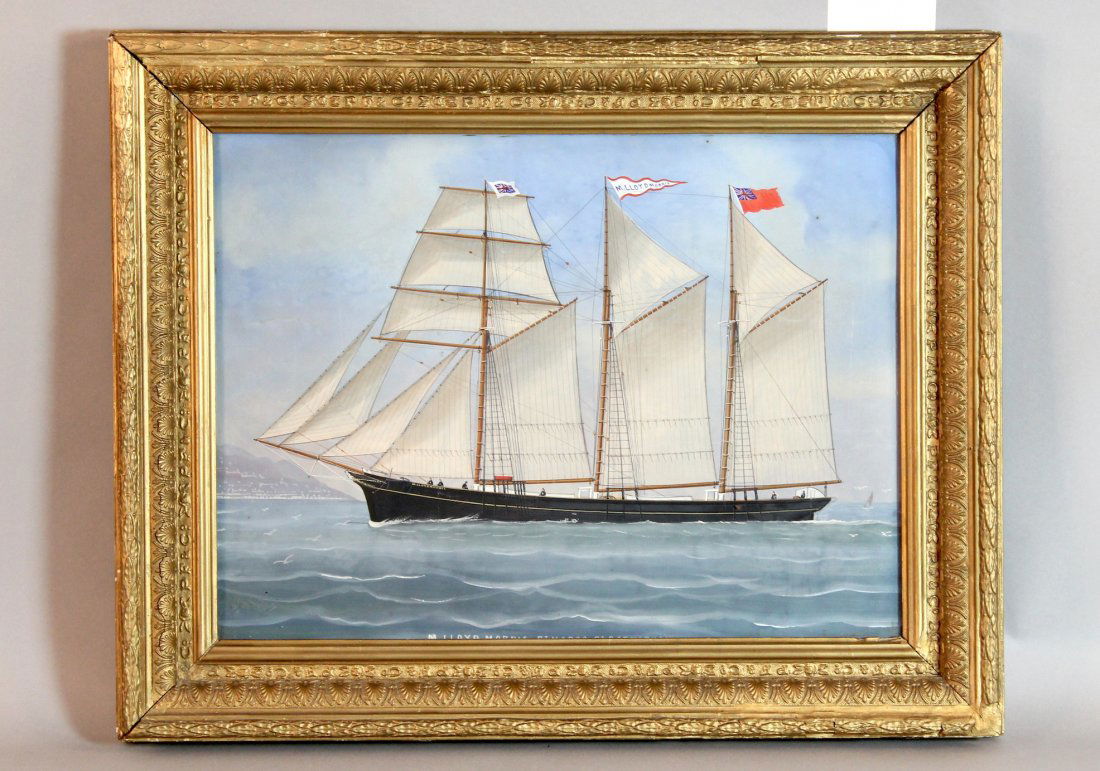 Italian Port Painting by M. Lloyd Morris: Late nineteenth century port painting showing the three masted barquentine M. Lloyd Morris off the coast of Italy nearby Mt. Vesuvius. Also noted is Pt. Madog and Pt. Carnarvon. Mounted into a wood an