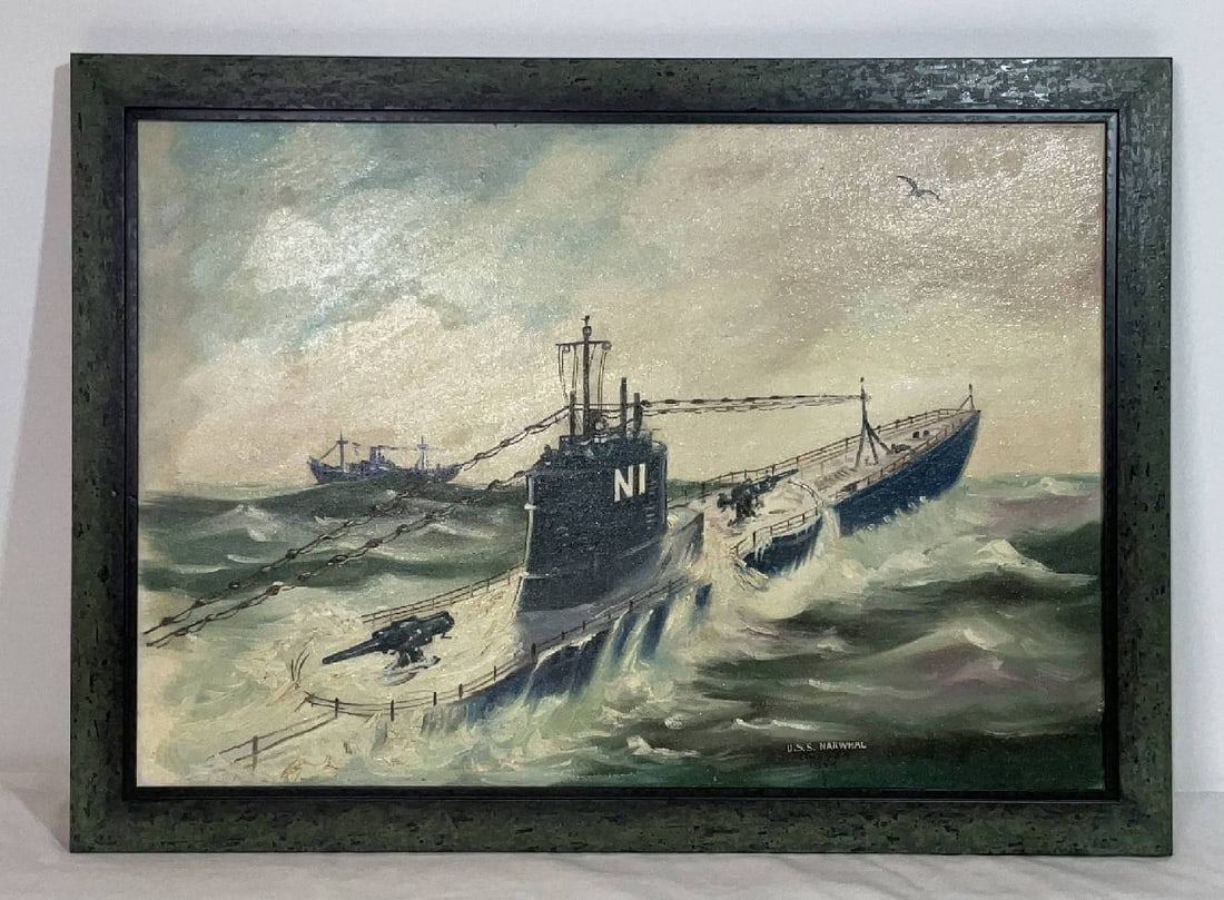 Submarine Painting Showing the USS Narwhal 1954: USS Narwhal oil on board painting showing the famous submarine surfacing from the depths. The painting is lettered lower right, "USS Narwhal, Linares 1954". USS Narwhal N1 was a 370 foot 7" sub, compl