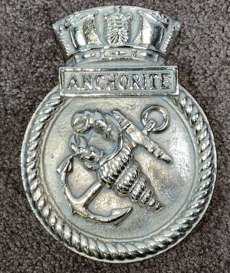 Royal Navy Submarine Ship's Badge for HMS Anchorite: Submarine badge for HMS Anchorite, an Amphion-class submarine of the Royal Navy, built by Vickers Armstrong and launched in 1946. Heavy brass casting with anchor and lobster design. 9 lbs. 9" H x 7" W