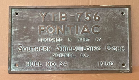 U.S. Navy Tugboat Builder's Plate for YTB-56 Pontiac