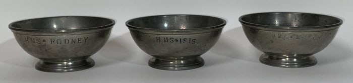 Group of Three Pewter Royal Navy Bowls with Ship Names