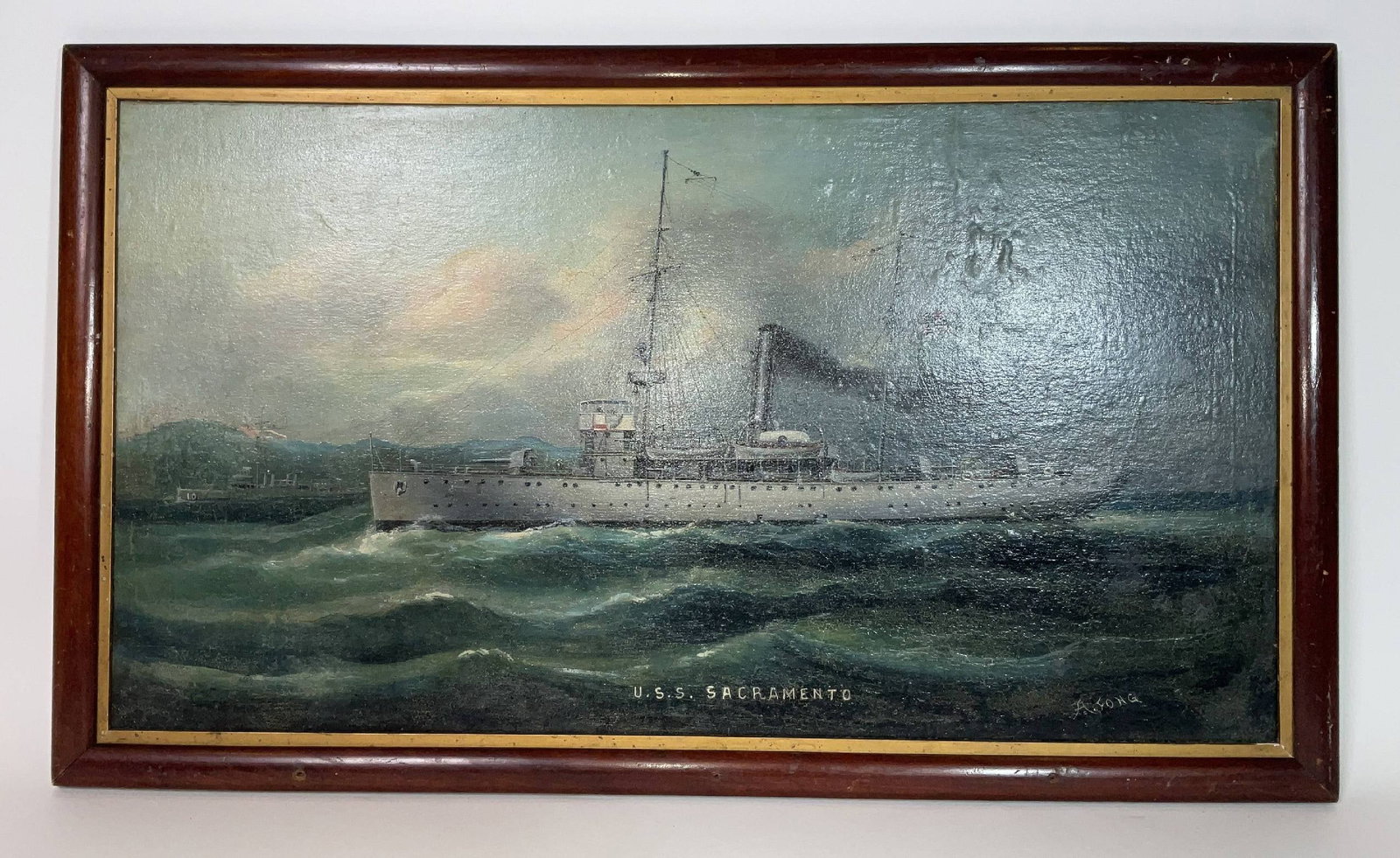 A Fong Port Painting of the USS Sacramento: Portrait oil on canvas of the U.S.S. Sacramento by port painter A. Fong. Showing craquelure and repairs. 2 lbs. 17" H x 29" W.