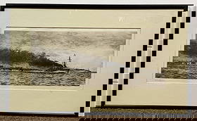 W.L. Wyllie Engraving of the Battle of Jutland: Framed engraving showing the Battle of Jutland by William Lionel Wyllie showing a convoy of warships. 3 lbs. 14" H x 23" W.