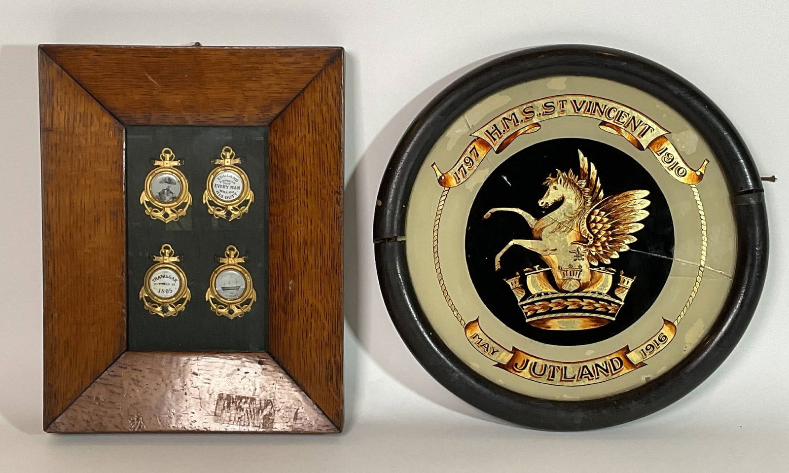 Four British Navy Trafalgar Era Medals in Frame: Four gilt metal Trafalgar-related anchors featuring Nelson, England Expects, Trafalgar, and HMS Victory. Set into an oak frame. 4 lbs. (2 pcs). 13" x 10"
