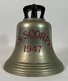 Royal Navy Bell from the D-Class Destroyer HMS Scorpion 1947: Royal Navy ship's bell with horseshoe-shaped engraving HMS Scorpion of 1947. HMS Scorpion (D64) was a Weapon-class destroyer built by J. Samuel White at Cowes?laid down 16 December 1944, launched 15 A