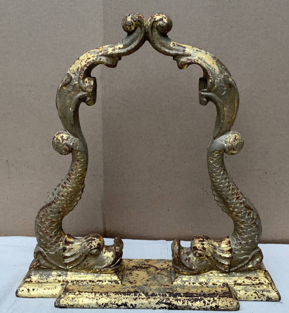 Admiralty Pattern Ship's Bell Stand: Royal Navy style Admiralty pattern ship's bell stand with dolphin-style posts. Quite heavy. Very worn gilt finish. 66 lbs. 22" H x 21" W x 6" D.