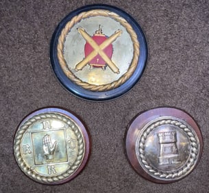 Three Royal Navy Gun Tampions and Ship's Badges Chatham Pattern