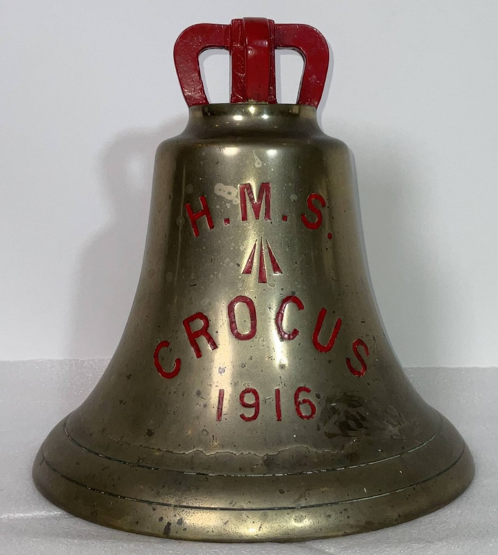 British Royal Navy WWI Ship's Bell from HMS Crocus 1916: World War I ship's bell engraved "HMS Crocus 1916", with the government Broad Arrow. With clapper. HMS Crocus was an Arabis-class sloop of the Royal Navy, launched in 1916 during the First World War. 