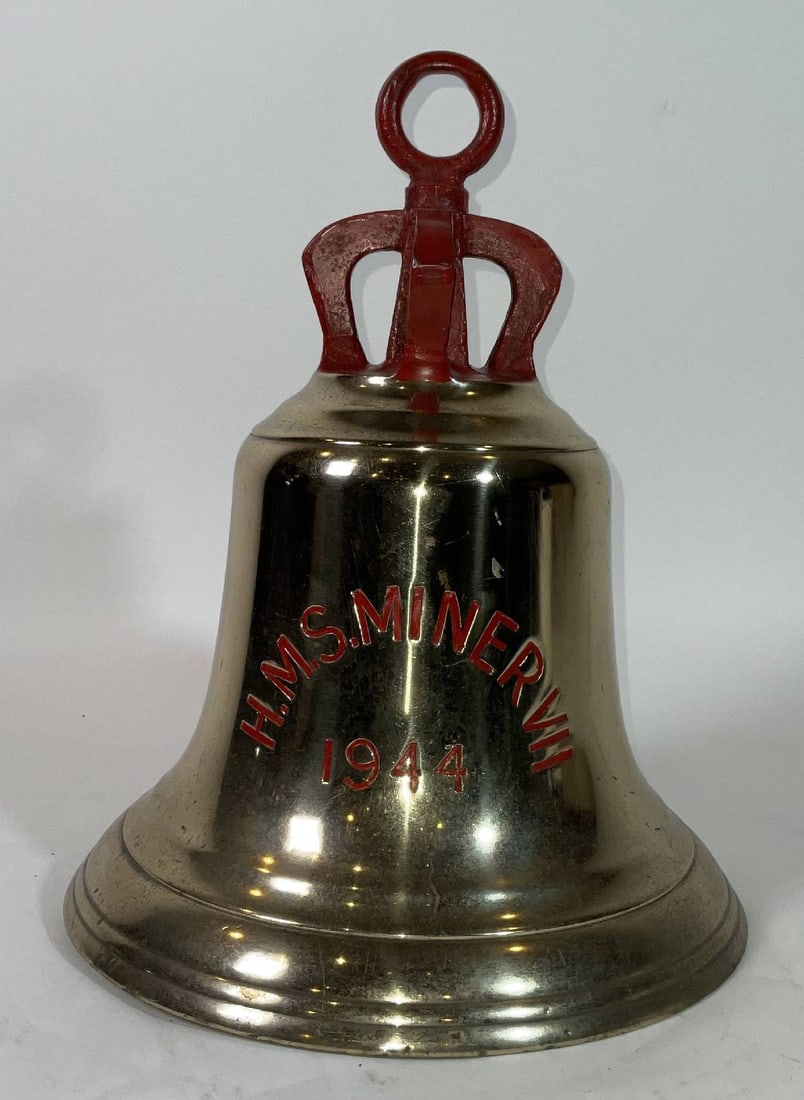 Bell from the British Royal Navy Minesweeper HMS Miner VII 1944: Ship's bell from a ship that supported the Normandy invasion. The bell is engraved HMS Miner VII 1944. With a crown shaped top with ring. Fitted with clapper. HMS Miner VII was one of a series of ?M? 