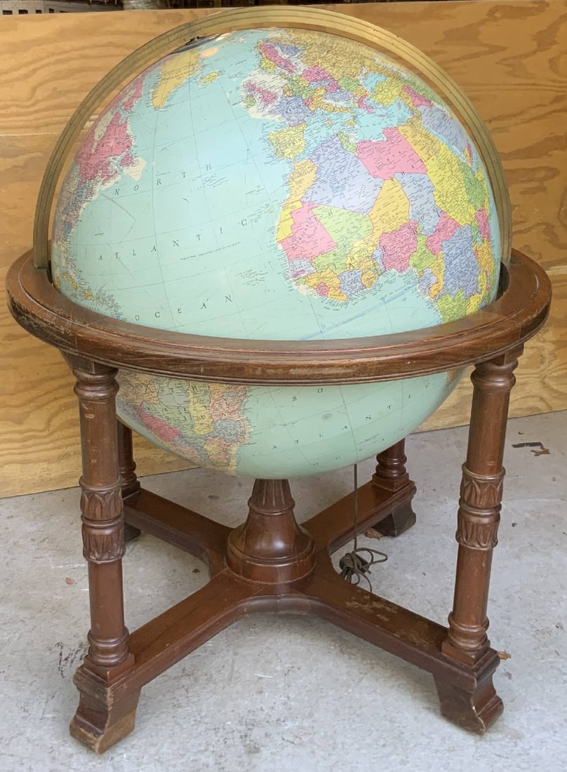 Very Large Replogle Library Globe Known as The Diplomat: Thirty two inch diameter Diplomat globe by Replogle. Fitted to a large mahogany stand with heavy brass fittings, including a sturdy meridian ring. This is roughly 25 years old. The current replacement