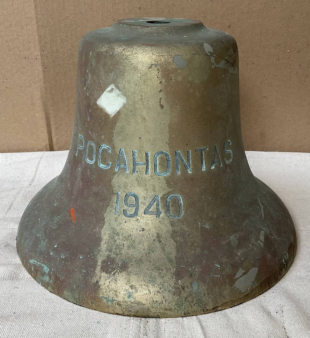 American Ship's Bell from the Virginia Ferry "SS Pocahontas": Bronze ship's bell engraved "Pocahontas" 1940. Pocahontas was an automobile and passenger ferry operating for the Virginia Ferry Corporation. 42 lbs. 10" H x 14" diameter.