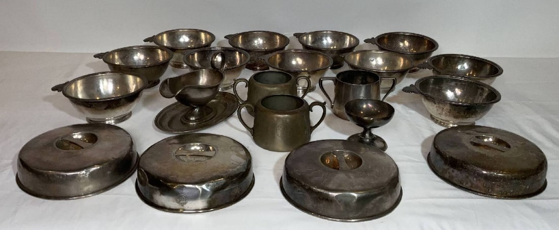 Red Star Anchor Line, Peninsula and Oriental, KPM Lines Silverplate Lot: Silver-plated holloware pieces including ten serving bowls marked "Red Starline" with burgee. A sugar bowl and four dish covers from Anchor Line, a gravy boat and bowl from K.P.M., and a pair of two-h