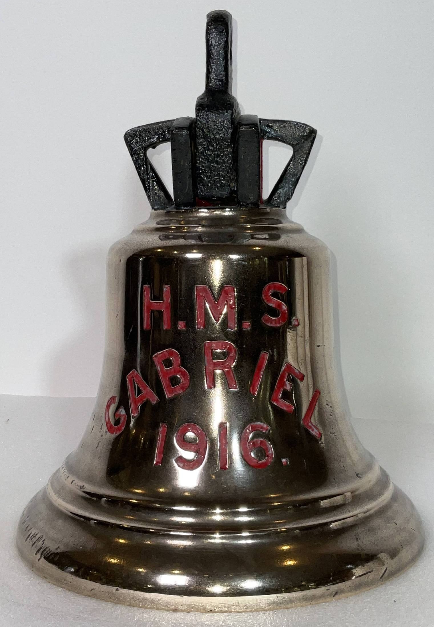 Ships Bell from HMS Gabriel 1916: Ships bell from the British Royal Navy warship HMS Gabriel 1916. She was an Admiralty M-class destroyer of the Royal Navy, launched in 1916 during World War I. Designed for high speed and versatility,
