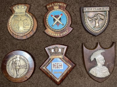 Royal Navy Ship's Badges and Gun Tampions in Lot of Six