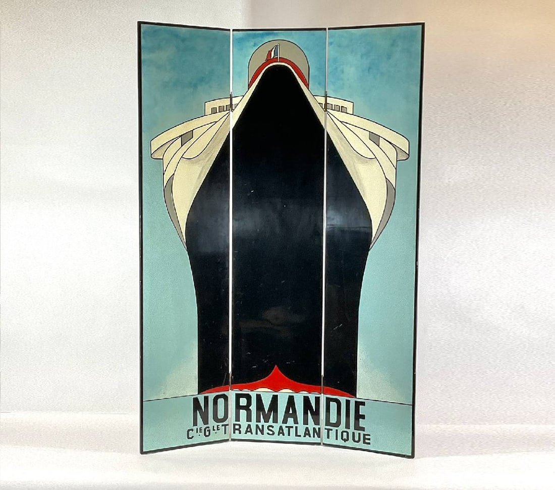 Painted Room Divider French Liner Normandie: Ocean Liner Normandie room divider. Three hinged panels adorned with a painting of the ocean liner "Normandie" coming bow on. The bow is painted with the upper decks and the name Normandie, CIE GLE Tr