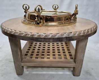 Solid Brass Ship's Porthole Fitted to a Mahogany Table