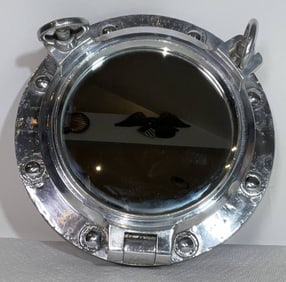 Porthole Mirror Mounted to a Teakwood Backboard
