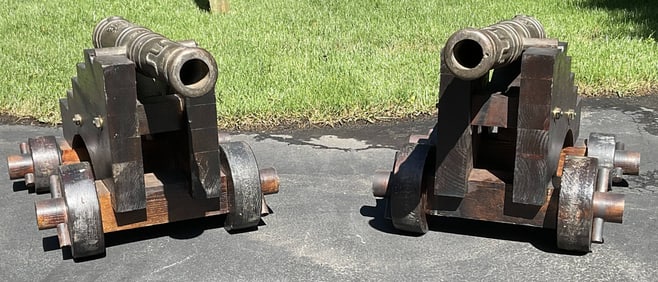 Pair of Bronze Spanish 1702 Replica Cannon on Carriages