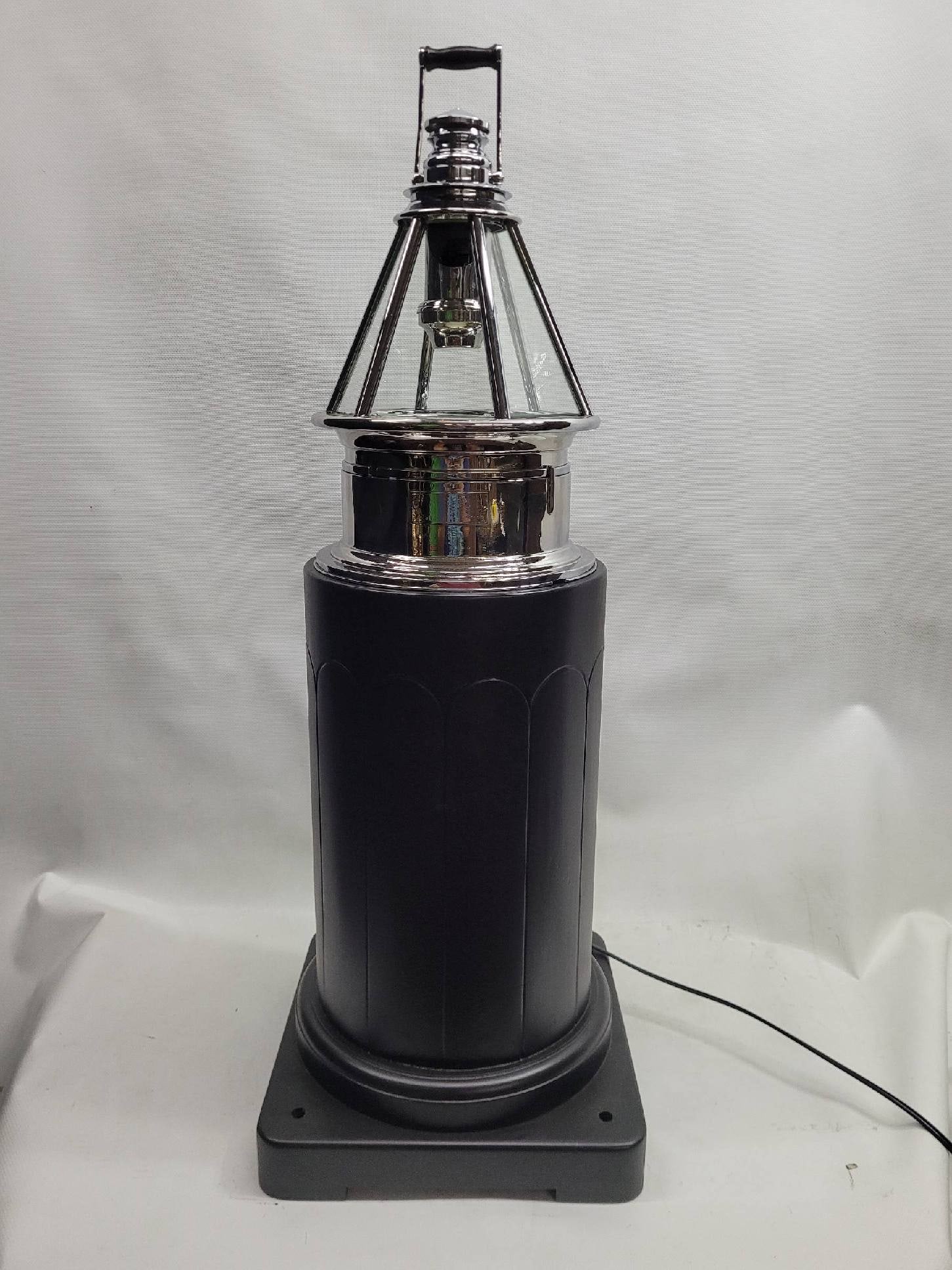 Chrome Skylight Yacht Binnacle with Varnished Wood Base: Chrome plated over brass boat binnacle with gimballed compass. Fitted to a wood base with rich varnish finish.