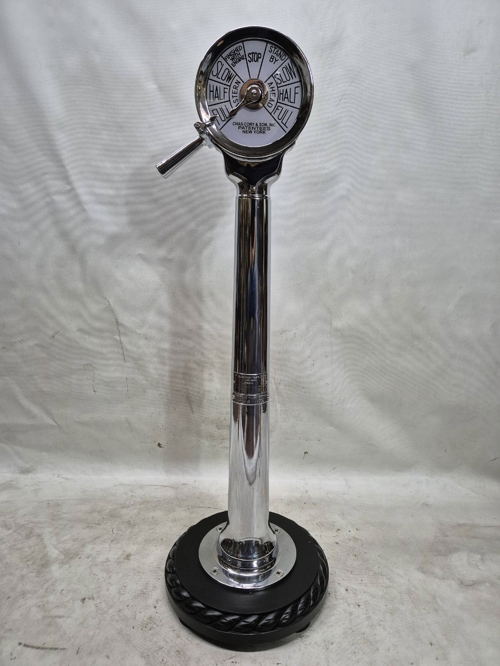 Chrome Plated Ship's Telegraph by Charles Cory of New York: Gleaming chrome plated over brass ship's engine order telegraph by Charles Cory and Son of New York. Single handle design. Faceplate with ship's commands.