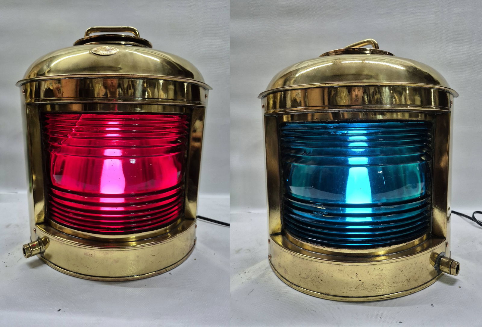 Great Large Pair of Brass Port and Starboard Lanterns: Highly polished pair of port and starboard ships lantern with rich red and green Fresnel glass lenses. Very Large.