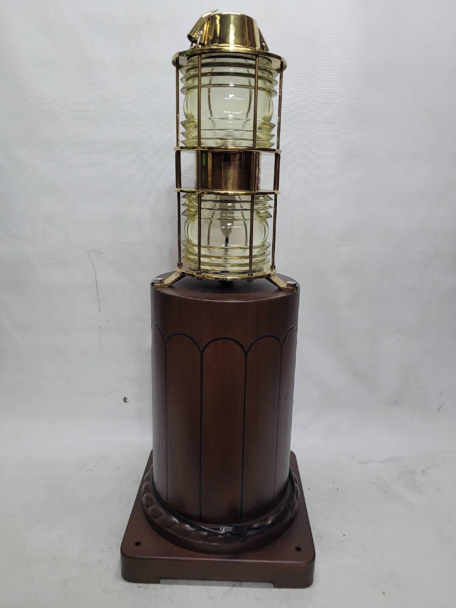 Large Double Lens Marine Beacon on Stand: Fresnel lens beacon lights with brass housing. Mounted to a custom wood base. Wired with electric