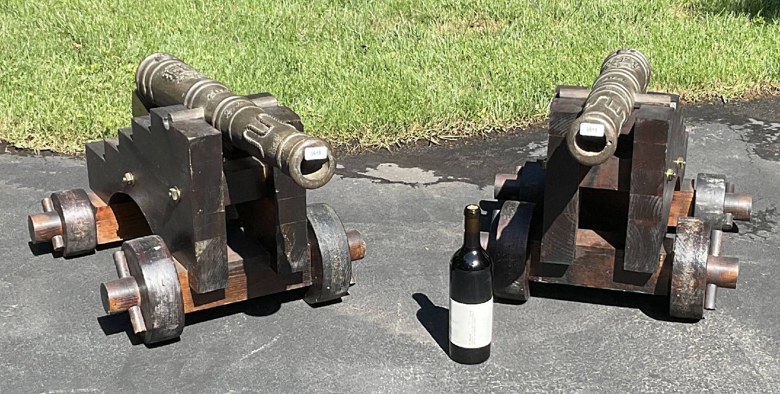Pair of Bronze Spanish 1702 Replica Cannons on Carriages - 12