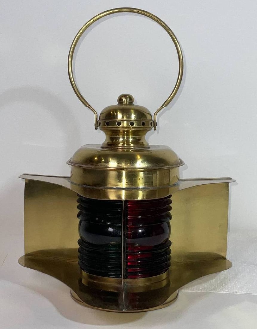 Yacht Bow Lantern with Port and Starboard Lenses: Solid brass boat lantern with red and blue Fresnel lenses. The lantern has been lacquered. Vented chimney with carry ring and attached brass maker's label from Robert Findlay MFG Co., Lighting Fixture